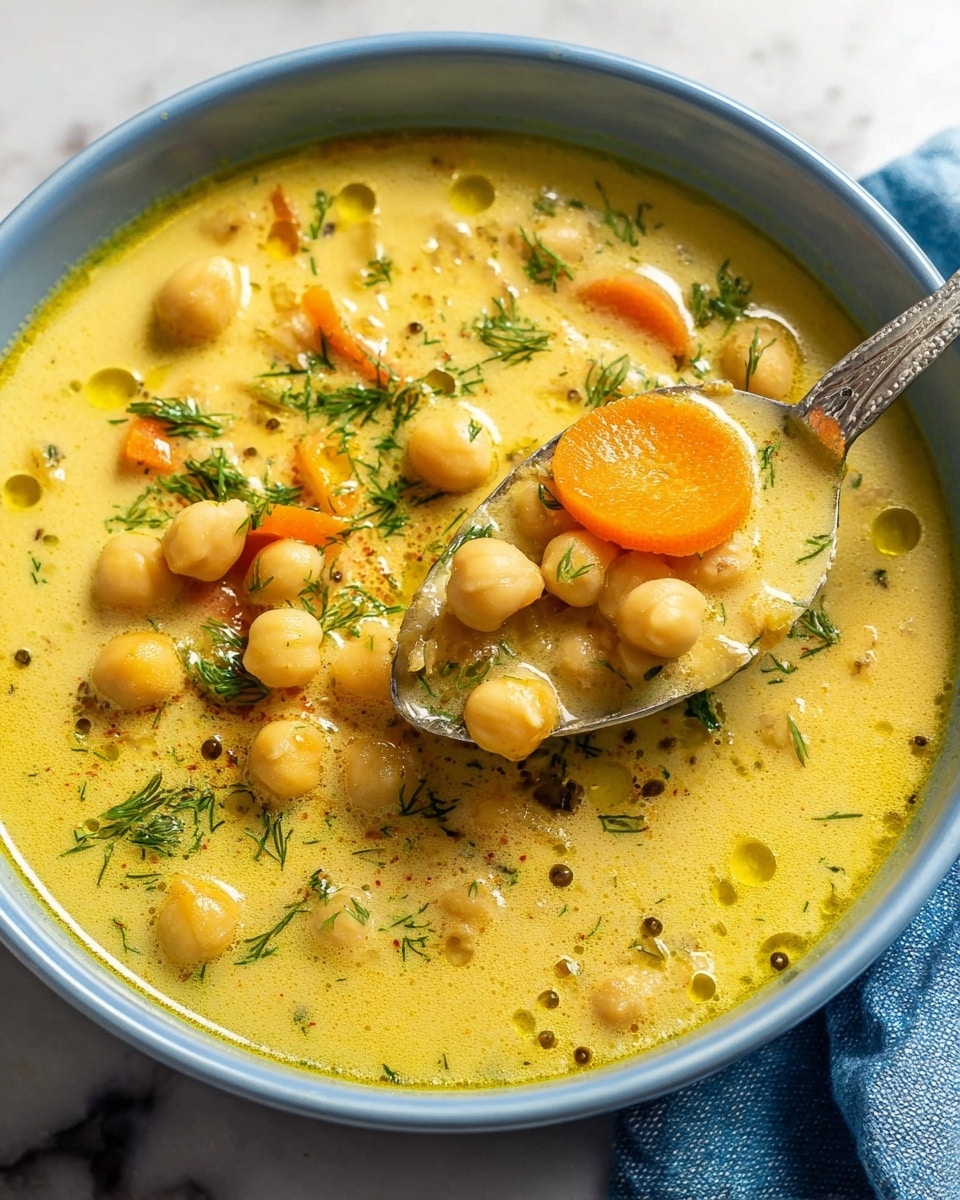 A creamy soup is shown in a white bowl with a blue rim, filled with a light yellow broth that has a smooth texture. Floating in the broth are round chickpeas and slices of bright orange carrots, mostly gathered at the center. Small green herb pieces, possibly dill, are sprinkled over the top of the chickpeas and carrots, with some herbs floating lightly on the broth’s surface. Light drops of oil and specks of black pepper are visible across the soup, creating a subtle shine and contrast. The bowl sits on a white marbled surface next to a cut lemon and a gold spoon, with a blurred blue and white checkered cloth in the background. Photo taken with an iphone --ar 4:5 --v 7