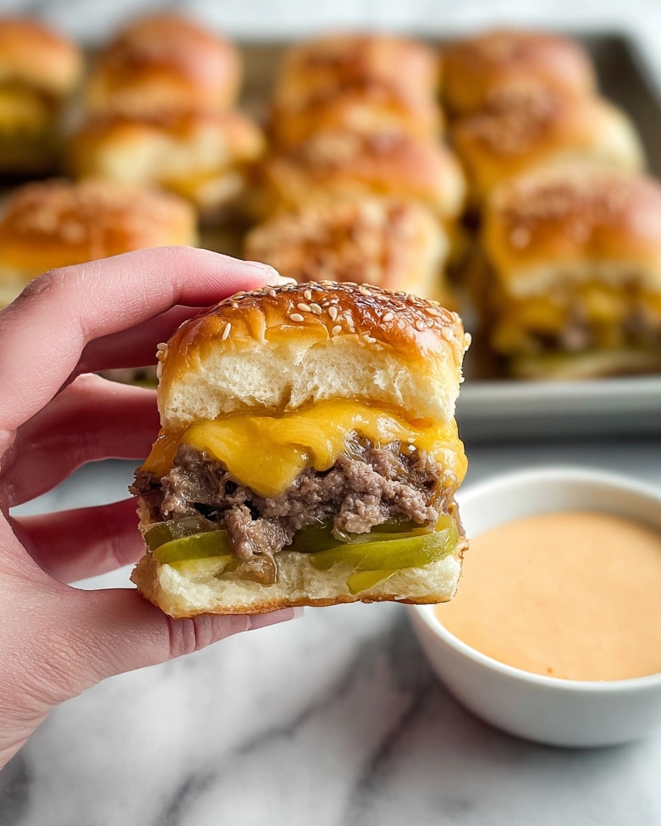 A close-up photo of a woman's hand holding a slider with three clear layers: the top layer is a soft, golden brown sesame seed bun; the middle layer is a thick, juicy cooked ground beef patty topped with melted cheddar cheese and caramelized onions; and the bottom layer has bright green pickle slices resting on the bottom half of the bun, which looks soft and light. In the background, there is a tray of multiple similar sliders, and in the foreground, a small white bowl filled with a creamy pale orange dipping sauce sits on a white marbled surface. photo taken with an iphone --ar 4:5 --v 7