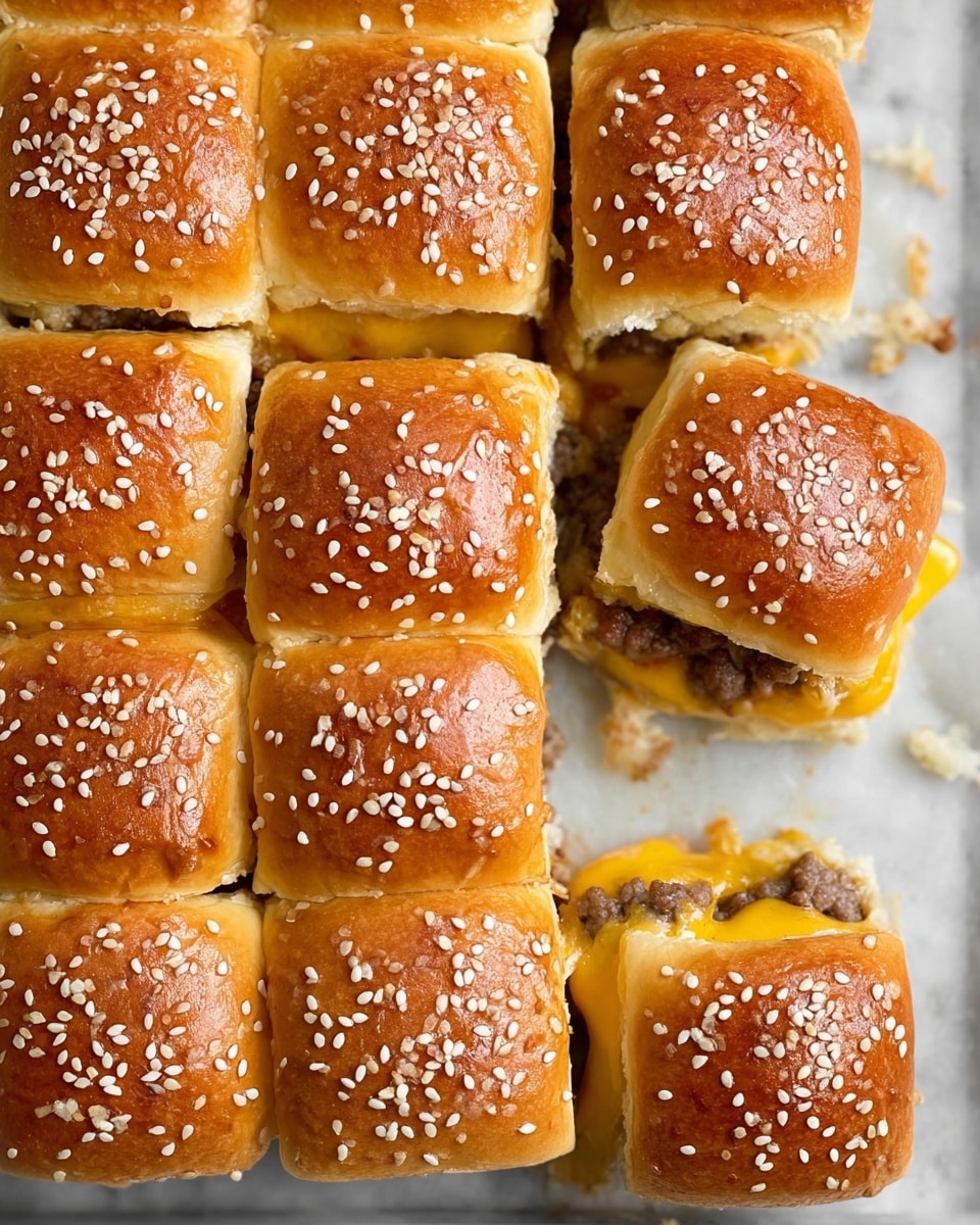 A close-up shot shows a square tray of twelve small slider sandwiches with golden brown sesame seed buns on top. Each sandwich has a soft, shiny bun with white sesame seeds sprinkled evenly. The sandwiches are arranged in three rows and four columns, with one sandwich slightly pulled out, revealing a layer of melted yellow cheese stretching between the buns and a layer of cooked ground meat beneath it. The sandwiches sit on a white marbled surface with a few crumbs scattered around. photo taken with an iphone --ar 4:5 --v 7