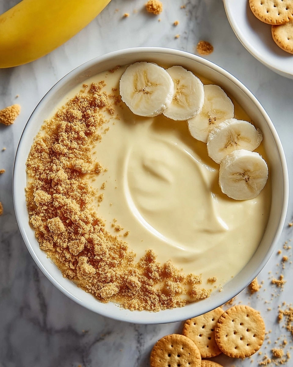 A white bowl filled with a creamy pale yellow pudding as the base layer, topped with a semi-circle of crumbled light brown graham crackers scattered mostly on one side, and six evenly placed banana slices with a soft, light yellow color arranged in a neat row over the crumbles. The bowl sits on a white marbled surface with some whole graham crackers nearby and slices of banana visible in the corner. Photo taken with an iphone --ar 4:5 --v 7