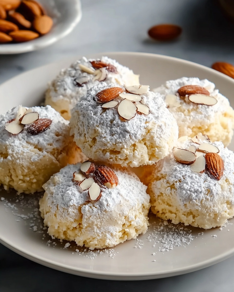 A white plate with six light yellow, rough-textured, round cookies arranged closely together. Each cookie is dusted heavily with white powdered sugar on top, creating a soft, powdery layer. Whole brown almonds and small white almond slices are scattered unevenly on the top of the cookies, adding a crunchy detail. The plate is set on a white marbled surface, and there is also a blurred glimpse of an almond on a white plate in the background. photo taken with an iphone --ar 4:5 --v 7