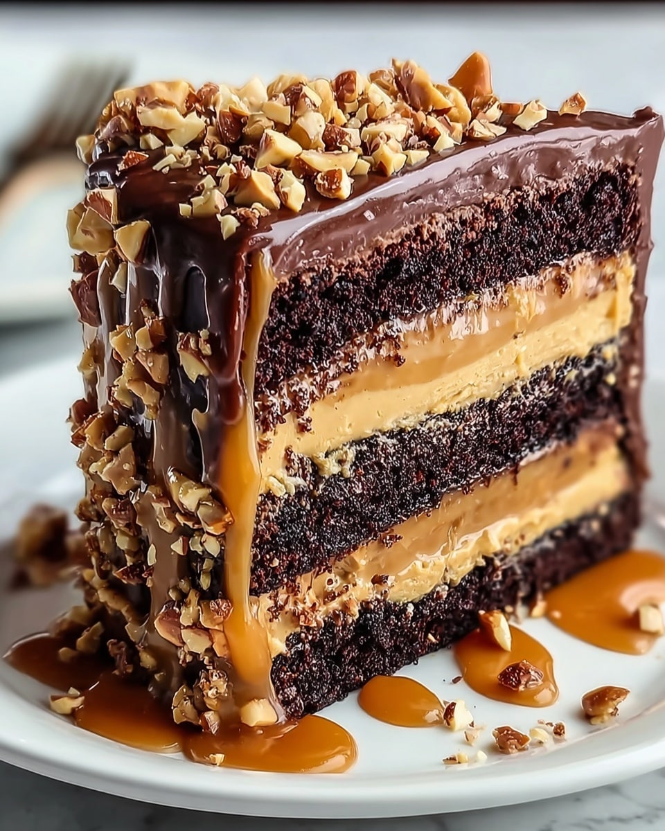 A thick slice of layered cake sits on a white plate with a white marbled background. The cake has four main layers: the bottom and third layers are dark chocolate cake, rich and moist; the second and fourth layers are smooth, light brown caramel or peanut butter filling. On top of the upper chocolate cake layer, a thick dark chocolate frosting covers the cake's sides and top, giving it a shiny and creamy look. Caramel sauce drips down the sides and pools on the plate, with chopped nuts sprinkled thickly on top and around the edges of the cake slice, adding a crunchy texture. photo taken with an iphone --ar 4:5 --v 7