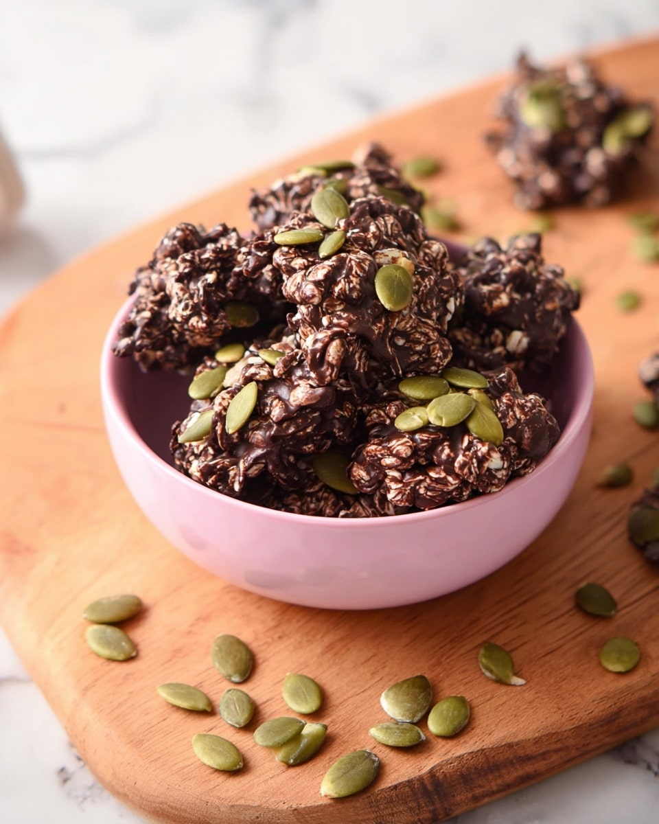 The image shows a pink bowl filled with dark brown chocolate clusters that have a rough texture with small seeds embedded throughout. The clusters are topped with scattered bright green pumpkin seeds, which add contrast and visual interest. Around the bowl, some clusters and extra pumpkin seeds are spread out on a wooden board. The background features a white marbled surface, giving a clean and bright setting. photo taken with an iphone --ar 4:5 --v 7