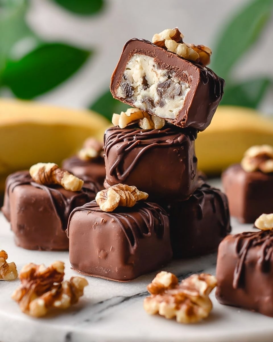 The image shows several small round chocolate-covered treats placed on a white marbled surface. Each treat has a smooth, dark chocolate outer layer with a slightly glossy texture and is topped with walnut pieces. One treat in the front is cut open, revealing a creamy light beige inside with darker chunks and nut pieces embedded throughout. The treats are scattered with small bits of chocolate and walnut, and in the background, whole bananas and green leaves are slightly out of focus. photo taken with an iphone --ar 4:5 --v 7