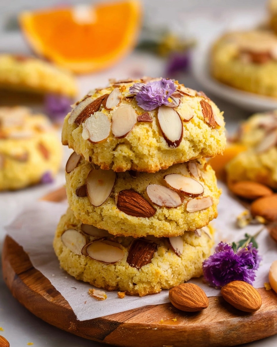 A stack of three thick yellow cookies covered with thin, light brown almond slices sits on a small wooden plate lined with white parchment paper. The cookies have a rough, crumbly texture with scattered bits of crushed orange zest on top and around the plate. In the background, there are more cookies blurred out, a halved orange, some whole almonds, and sprigs of purple flowers. The scene is set on a white marbled surface. photo taken with an iphone --ar 4:5 --v 7