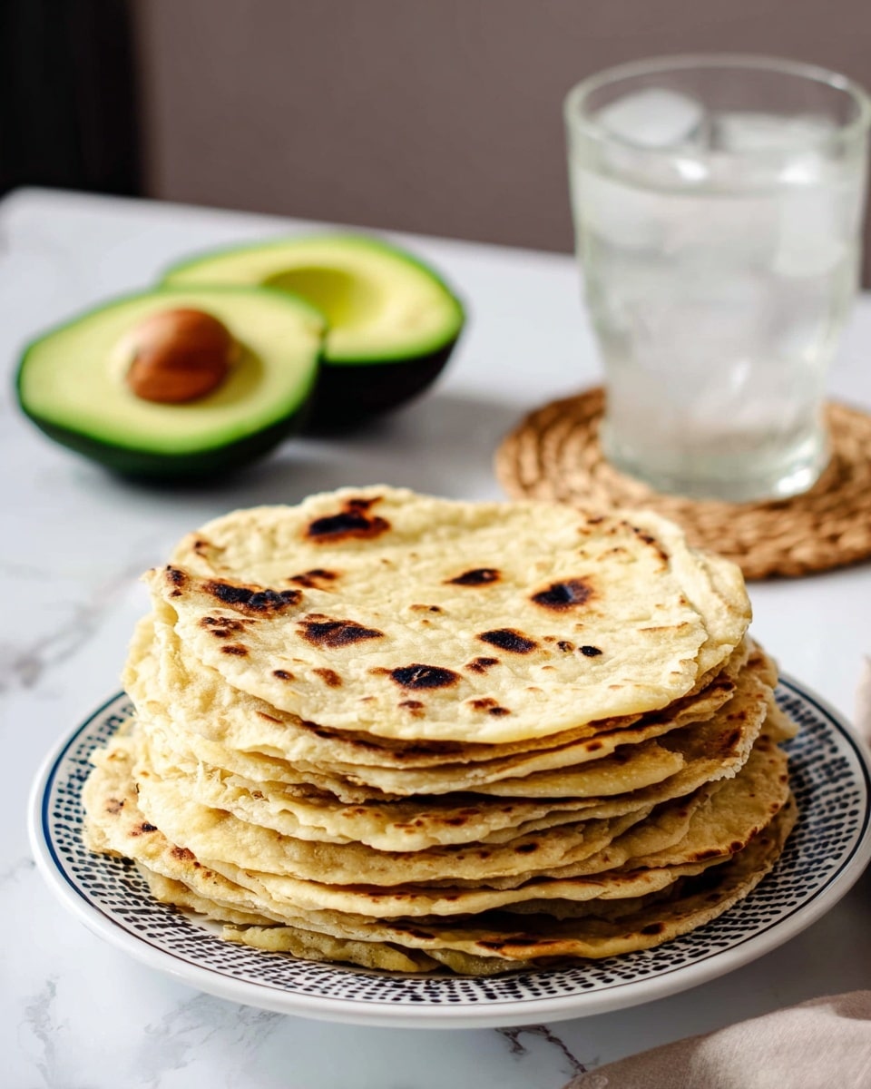 A stack of about ten flatbreads is placed on a white plate with a dark patterned rim. The flatbreads are golden brown with darker charred spots, showing a soft and slightly uneven texture with some puffed areas. In the background, a halved avocado with a bright green inside and brown seed is set on a white marbled surface, along with a clear glass cup filled with ice water on a light-colored woven coaster. A small green chili is partially visible near the plate. The scene is bright and clean with a white marbled tabletop. photo taken with an iphone --ar 4:5 --v 7