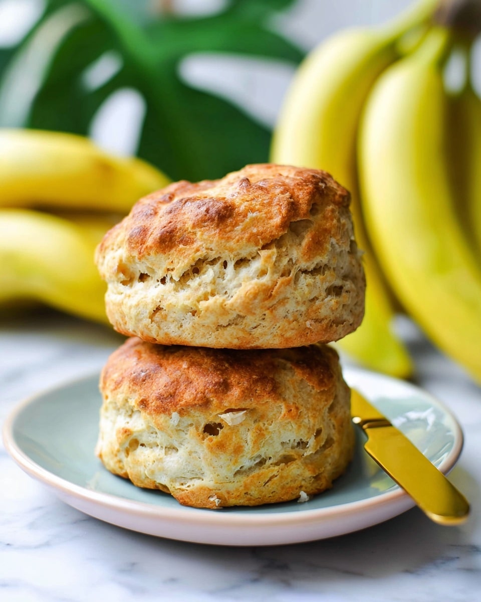 Two golden brown biscuits with a rough, slightly cracked top and a crispy texture are stacked on each other on a white plate with a blue center. A shiny gold butter knife rests beside the biscuits on the plate. In the blurred background, bright yellow bananas and a plant with green leaves are visible over a white marbled surface. photo taken with an iphone --ar 4:5 --v 7