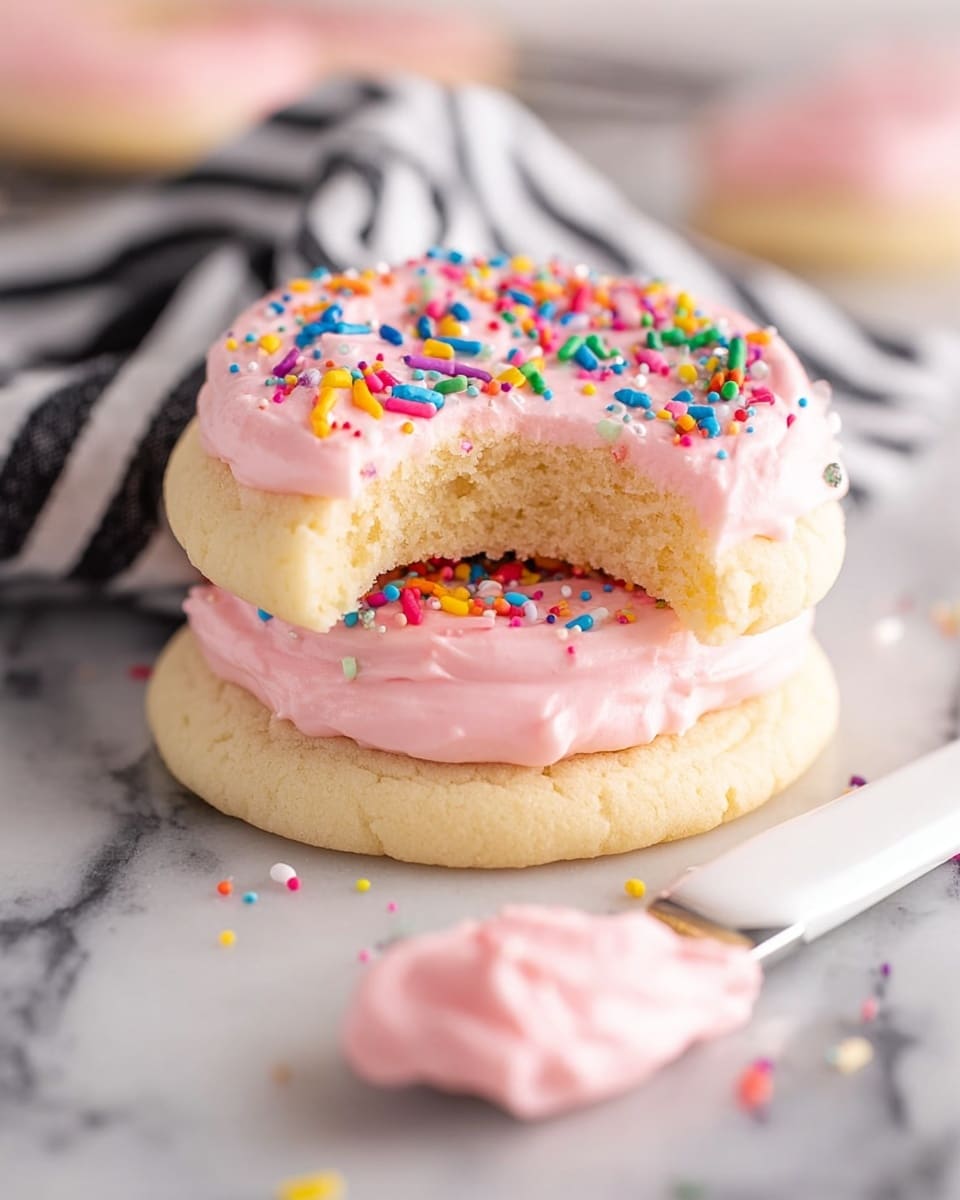 A close-up view of soft, round sugar cookies resting on a black wire rack over a white marbled texture, each cookie topped with a thick layer of smooth, pale pink frosting spread evenly across the top. Colorful cylindrical sprinkles in red, green, white, yellow, blue, and pink are scattered on the frosting, giving a festive look. One cookie near the center has a bite taken out, revealing a light, crumbly interior. The overall scene focuses on the textures of the soft cookie base, the creamy frosting, and the contrasting sprinkles. Photo taken with an iphone --ar 4:5 --v 7
