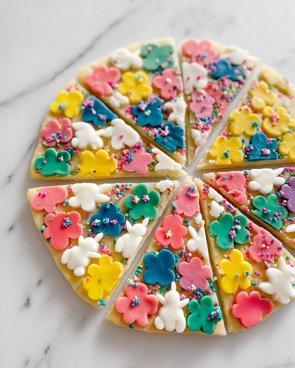 A round flat cookie dough base is decorated with many colorful flower shapes and small white bunny shapes made from fondant or icing; the flowers come in bright yellow, pink, blue, green, red, and coral, all overlapping slightly with white bunnies scattered evenly on top, and the entire cookie is cut into several triangle slices, all placed on a white marbled surface. photo taken with an iphone --ar 4:5 --v 7