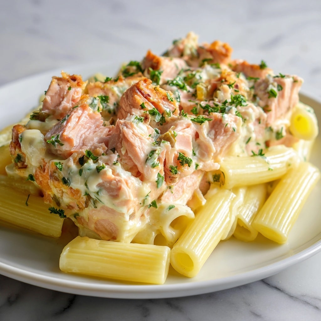 The image shows a close-up of a pasta dish with three layers visible: the bottom layer is white penne pasta with a smooth texture, the middle layer consists of chunks of pink cooked salmon with a slightly flaky texture, and the top layer is a creamy white sauce mixed with small green parsley pieces spread evenly throughout. The dish is placed on a white marbled surface. photo taken with an iphone --ar 4:5 --v 7