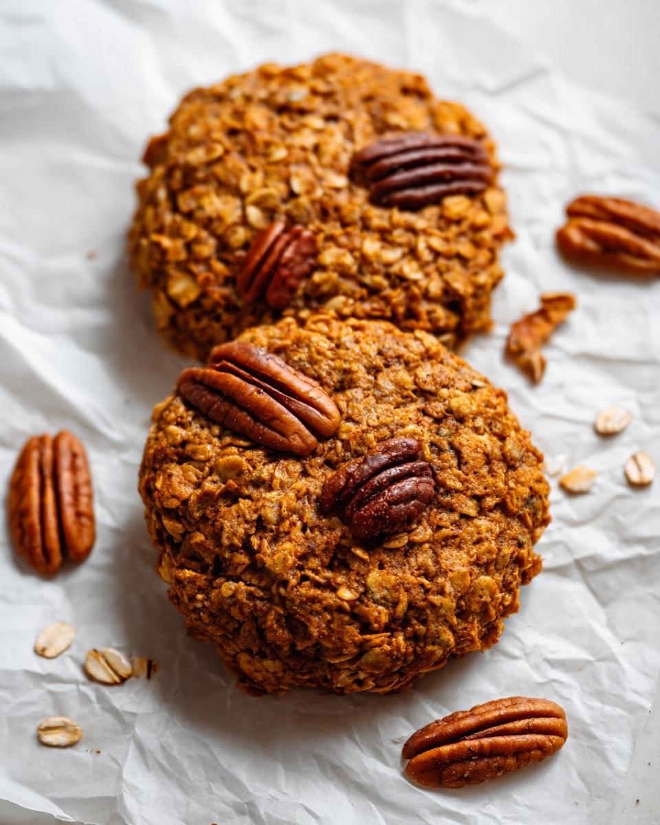 Two large, round oatmeal cookies sit on crinkled white parchment paper over a white marbled texture. The cookies have a rough, chunky texture with visible rolled oats mixed throughout their golden-brown surface. Dark brown pecan halves are embedded on top of each cookie, adding contrast with their smooth, curved shape. Scattered oat flakes and a few loose pecan halves lie around the cookies, enhancing the rustic look. The lighting highlights the details in the oats and nuts, creating a warm and inviting feel. Photo taken with an iphone --ar 4:5 --v 7