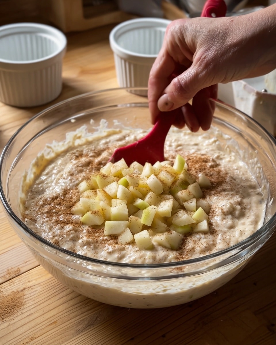 A clear glass bowl filled with a creamy, thick mixture that looks like batter with small lumps, sprinkled lightly with brown powder around the edges. On top, there is a layer of small, pale yellow diced apple pieces. A woman's hand is holding a red spatula, stirring the mixture and apple chunks gently inside the bowl. The bowl is placed on a wooden surface with some white ramekins in the background. The image has soft natural light and a close-up view. Photo taken with an iphone --ar 4:5 --v 7