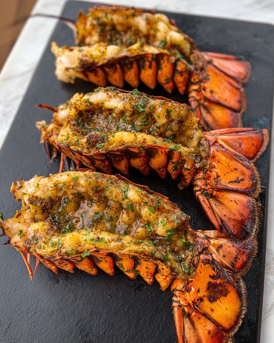 Three grilled lobster tails sit close together on a black cutting board over a white marbled textured surface. Each tail is split open, showing the plump, cooked lobster meat inside with a golden-brown color and slight charring. The tails are covered with a glossy herb butter sauce, speckled with green herbs and black pepper, adding texture and shine. The lobster shells are bright orange with a smooth, slightly shiny finish. The scene captures a close-up view like a woman’s hand might be about to reach for one. Photo taken with an iphone --ar 4:5 --v 7