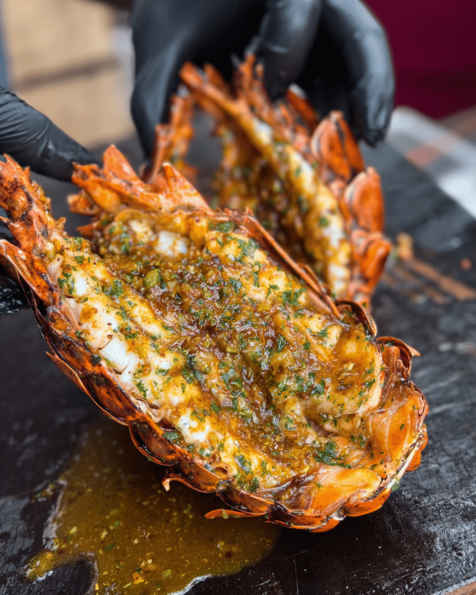 A large lobster is cut in half lengthwise, showing two main layers: the outer reddish-orange shell and the inner white meat. The white meat is covered in a thick layer of golden-brown sauce with green herb bits scattered all over it, giving the surface a shiny and slightly textured look. The lobster halves are placed on a dark surface, and a woman's hand wearing a black glove is holding one half up, slightly above the other half lying flat. There are pools of sauce around the lobster pieces, adding a glossy effect. The background is blurred, focusing attention on the cooked lobster photo taken with an iphone --ar 4:5 --v 7