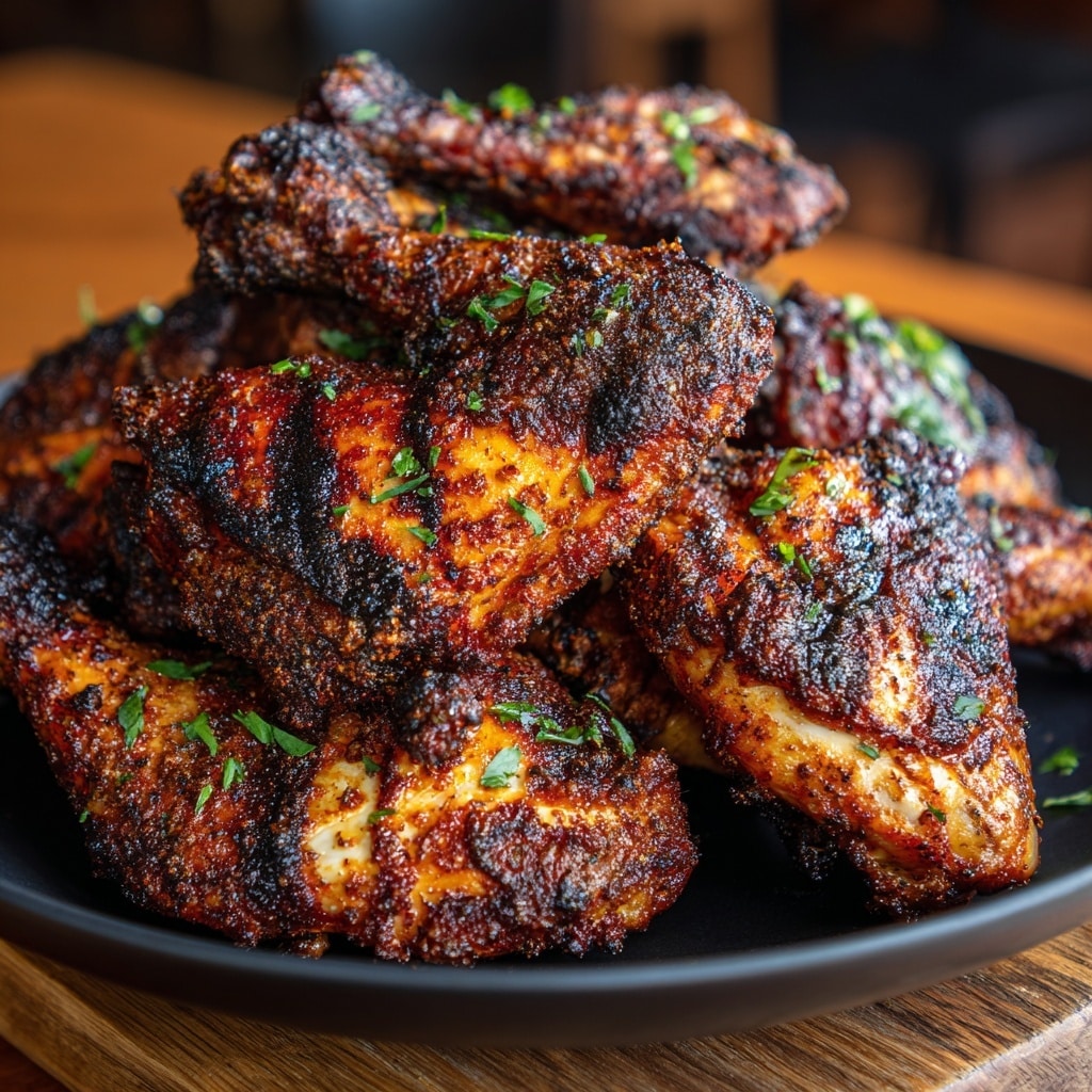 The image shows a black round grill filled with ten large pieces of chicken thighs. The chicken is cooked with a dark, spicy rub giving it a deep brown and reddish color with some charred spots. The front three pieces are glistening with a shiny layer of thick, dark barbecue sauce being brushed on by a black brush held by a woman's hand. In the background, a wooden bowl filled with more sauce is partially visible. There is smoke around the chicken, and the grill is outside with green grass blurry in the distant background, while the surface below the grill is a white marbled texture. photo taken with an iphone --ar 4:5 --v 7