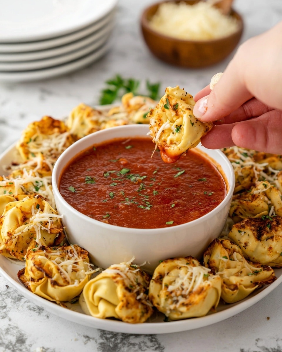 A white bowl filled with red marinara sauce garnished with small green herb pieces sits in the center of a white plate. Around the bowl is a big pile of golden brown baked tortellini pasta topped with small bits of shredded white cheese and herbs. A woman's hand holds one piece of tortellini halfway dipped into the sauce, showing its crispy texture and the folded edges. In the blurry background, there is another stack of white plates and a small wooden bowl filled with shredded cheese, all placed on a white marbled surface. photo taken with an iphone --ar 4:5 --v 7