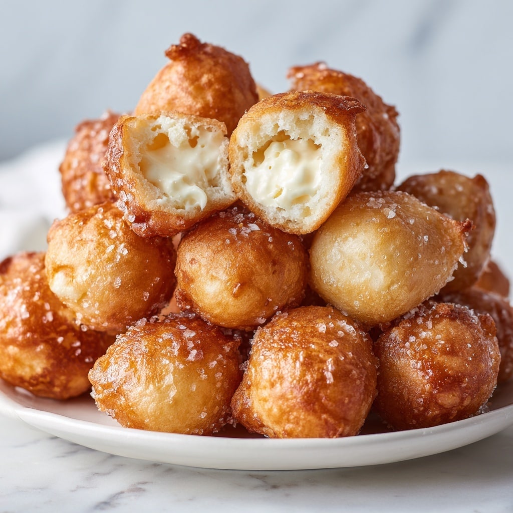 A white plate full of golden brown fried dough balls stacked in a pile, with one dough ball on top broken open showing a soft, white, creamy filling inside. The dough balls have a slightly shiny texture with some sugar sprinkled on top, giving a light sparkle. The background has a smooth white marbled texture with hints of soft shadows and blurred objects. Photo taken with an iphone --ar 4:5 --v 7