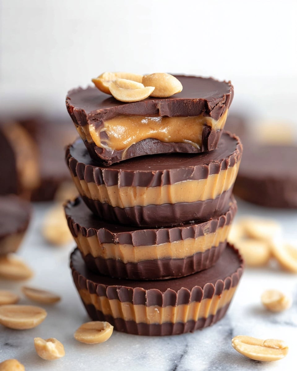 A stack of four chocolate peanut butter cups sits on a white plate with a few peanuts scattered around them; each cup has three layers— a smooth dark brown chocolate top layer, a creamy caramel and peanut middle layer with a glossy and sticky texture, and a darker, slightly crumbly chocolate base layer; the top peanut butter cup is bitten into, revealing gooey caramel and crunchy peanuts inside; the background is a white marbled texture. photo taken with an iphone --ar 4:5 --v 7
