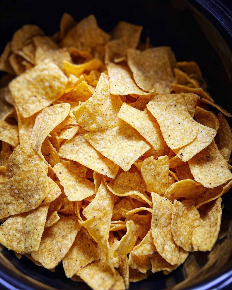A close-up view showing a deep black pot filled with broken light yellow corn chips that have a rough and slightly curled texture with dark specks scattered throughout; the chips are layered randomly with some pieces overlapping, creating a crunchy and uneven surface inside the pot, which contrasts with the dark inner walls. Photo taken with an iphone --ar 4:5 --v 7