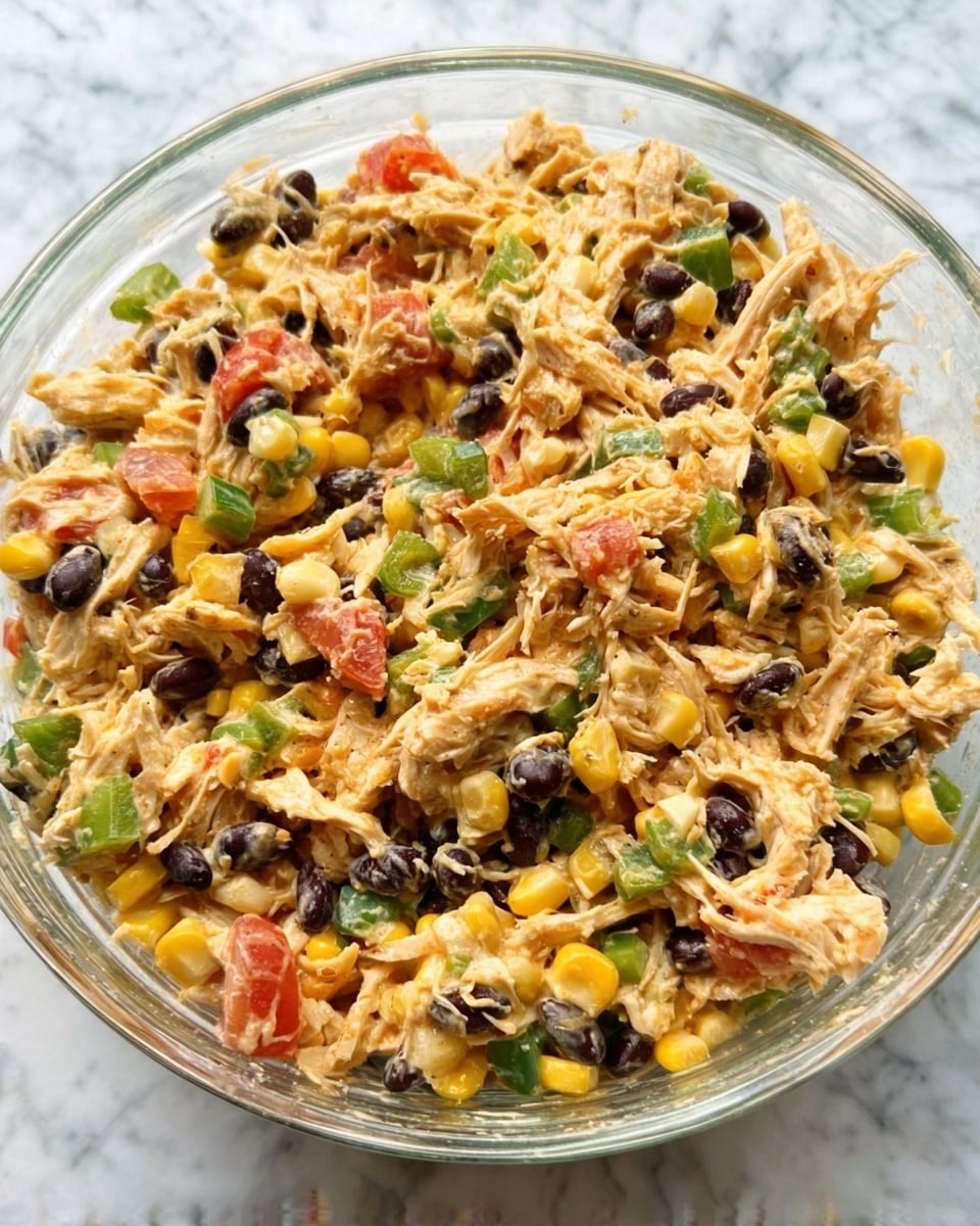 A close-up of a white bowl filled with a creamy salad made of several layers mixed together, including beige-colored chunks of chicken or tofu, black beans, small red pieces likely from pomegranate seeds or chopped peppers, and pale yellow creamy dressing, topped with a sprig of bright green cilantro sitting on top as garnish. The bowl is placed on a white marbled surface with a red and white cloth partially visible underneath. In the blurred background, there is a light green leafy plant and a yellowish hummus dip or spread. The photo taken with an iphone --ar 4:5 --v 7