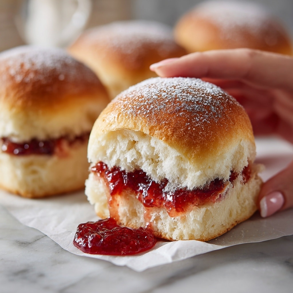 A small sandwich is shown with three main layers: the top layer is a soft golden-brown bun dusted with powdered sugar, the middle layer is a mix of bright red raspberry jam with small seeds visible, and thin pink slices of ham, and the bottom layer is a light, fluffy bread base. The sandwich is on a white plate with a white marbled surface underneath, and there are three fresh red raspberries with a dusting of powdered sugar placed around the sandwich. The background is softly blurred, focusing attention on the sandwich. Photo taken with an iphone --ar 4:5 --v 7