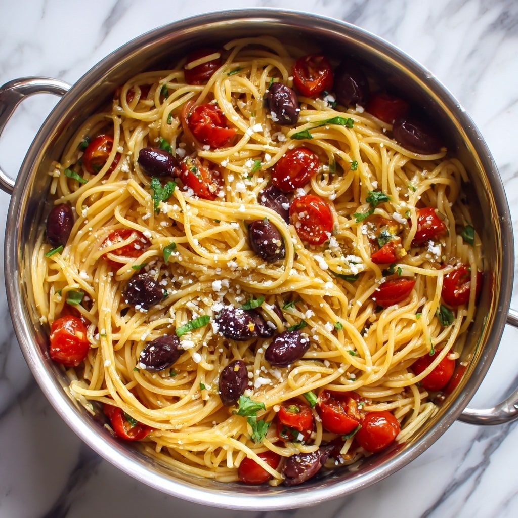 The image shows a pot filled with spaghetti pasta mixed with small, bright red cherry tomato halves and dark purple olives scattered throughout. The spaghetti strands are light golden and appear soft with a slight shine. There are bits of white cheese sprinkled over the top, along with small green basil leaves adding a fresh contrast. The pot sits on a white marbled surface, and the food looks colorful and fresh with a mix of smooth and chunky textures. photo taken with an iphone --ar 4:5 --v 7