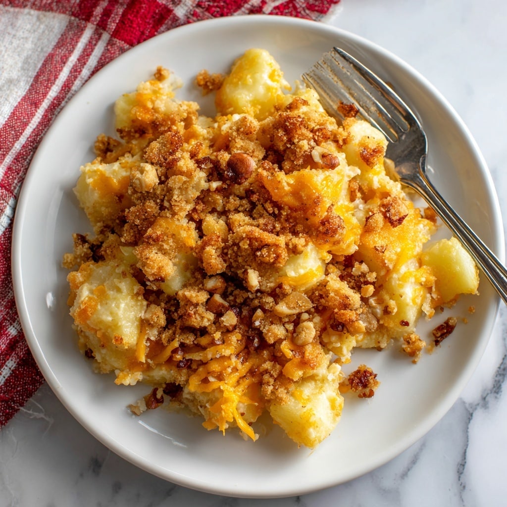 A close-up of a white plate filled with a single layer of baked potato chunks covered in melted orange cheese and golden brown breadcrumb topping with small pieces of nuts scattered throughout, creating a crunchy texture on top and around the soft potatoes underneath, set on a white marbled surface with a red and white checkered cloth in the background, a silver fork resting on the plate's edge, photo taken with an iphone --ar 4:5 --v 7