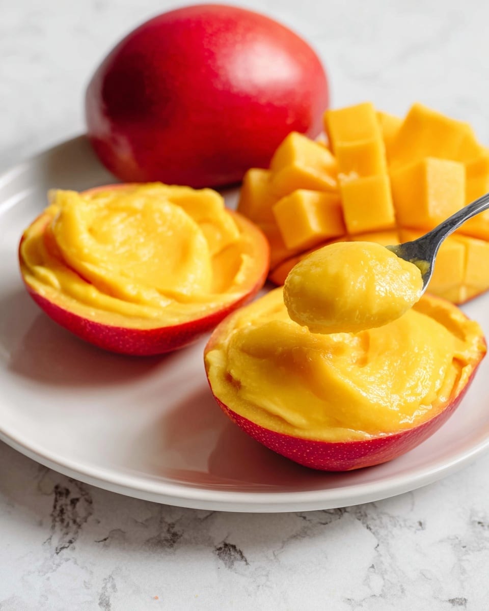 The image shows a close-up of a fruit dish served in two red mango halves filled with smooth, bright yellow mango pulp. One half is in the front, slightly closer to the camera, with a spoon holding a scoop of the soft mango pulp above it. Behind the mango halves sits a whole red mango and a sliced mango with the flesh cut into small cubes but still attached to the skin. All the items rest on a white plate set on a white marbled surface. photo taken with an iphone --ar 4:5 --v 7