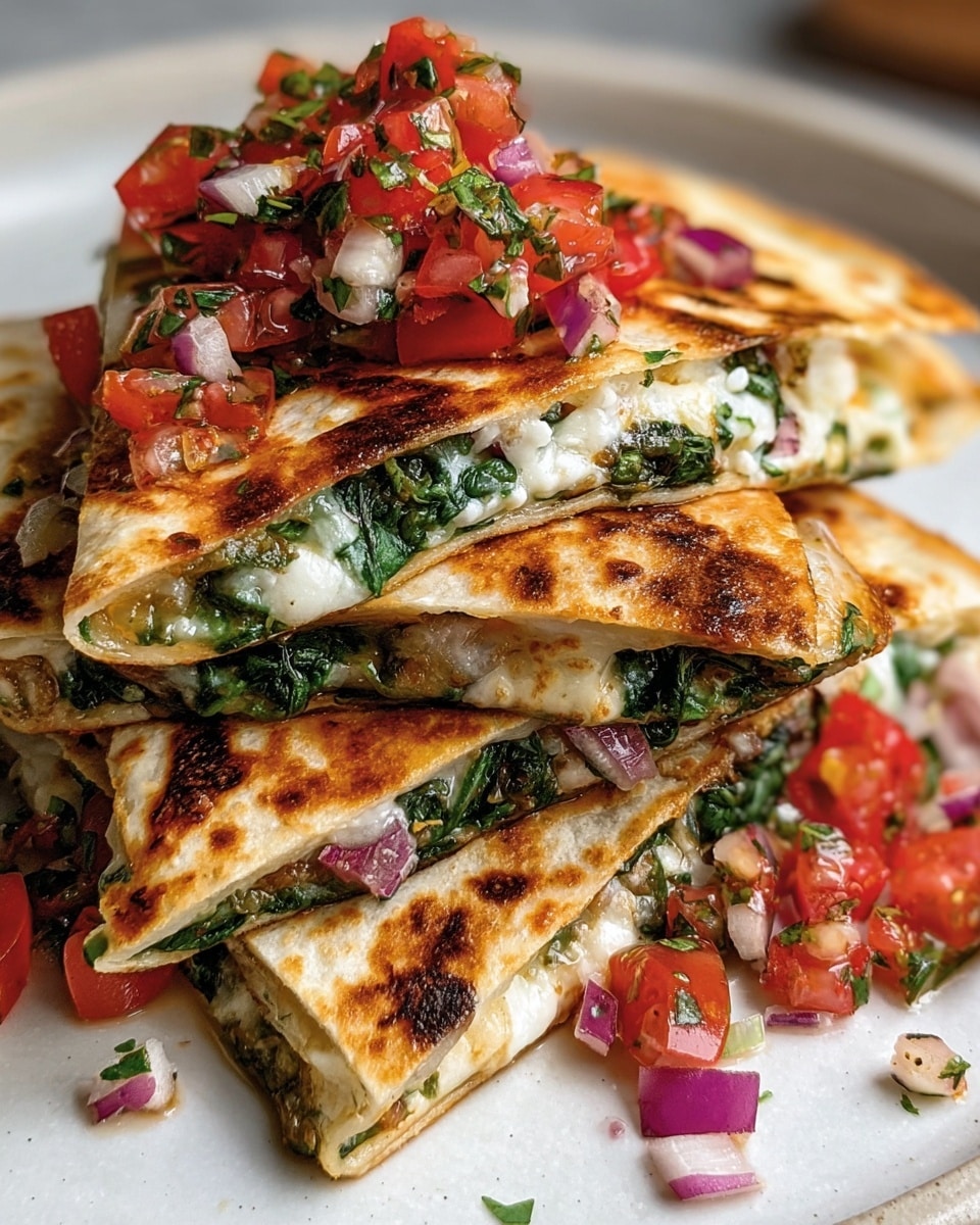 A stack of golden-brown quesadilla triangles is piled on a white plate with a white marbled texture below. Each triangle has three visible layers: the outer toasted tortilla with a slightly crisp and browned texture, a middle layer of melted white cheese mixed with cooked green spinach leaves, and a topping of fresh, colorful salsa made of red tomato pieces, small diced purple onion, and chopped green herbs scattered over the quesadillas. Photo taken with an iphone --ar 4:5 --v 7