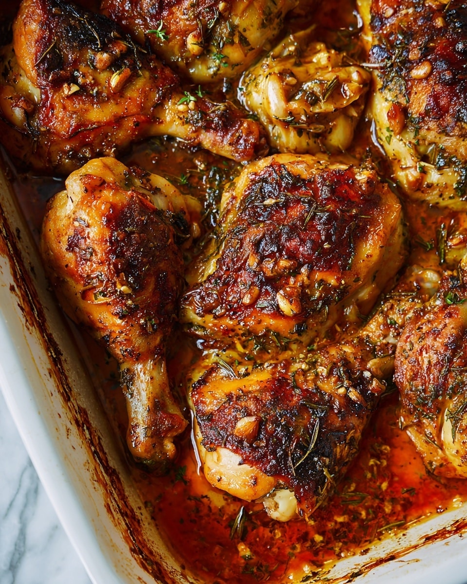 A close-up view of a white baking dish filled with several pieces of cooked chicken, including drumsticks and thighs. The chicken pieces show golden-brown and crispy skin, each coated with visible herbs, small garlic pieces, and a reddish-orange oily sauce. The texture of the chicken skin ranges from smooth to slightly charred and crisp. The sauce pools between the pieces, with flecks of green herbs scattered throughout, adding a vibrant touch. The edges of the dish have cooked-on brown marks from baking, contrasting with the bright colors of the chicken. photo taken with an iphone --ar 4:5 --v 7