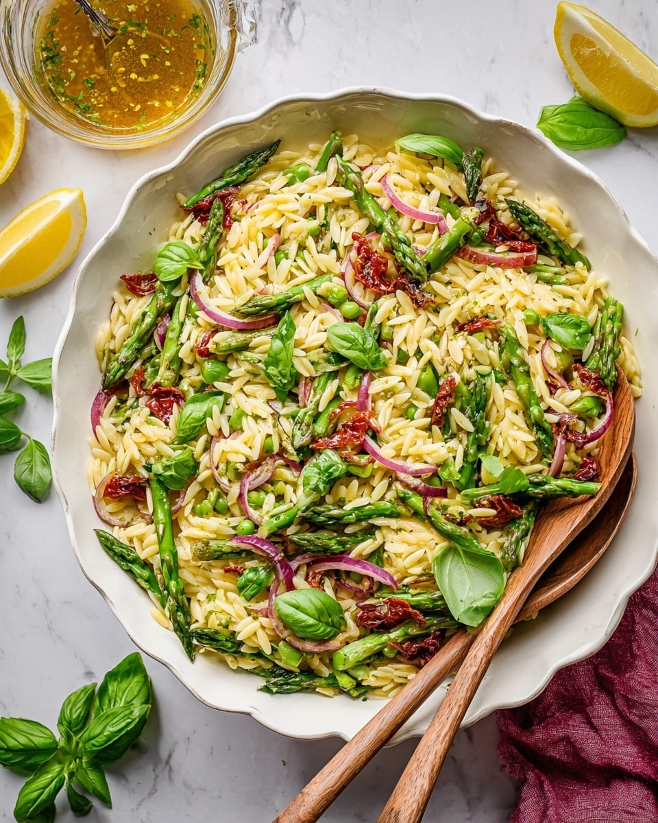 A white scalloped bowl filled with a colorful orzo pasta salad layered with light yellow orzo pasta at the base, bright green asparagus pieces cut diagonally spread evenly, thin slices of red onion scattered throughout, and sun-dried tomato pieces adding deep red accents. Fresh green basil leaves are placed on top for garnish. Two wooden spoons with a smooth texture rest on opposite sides inside the bowl. The scene is set on a white marbled surface with a glass container of golden dressing, fresh basil leaves, and slices of lemon around the bowl. photo taken with an iphone --ar 4:5 --v 7