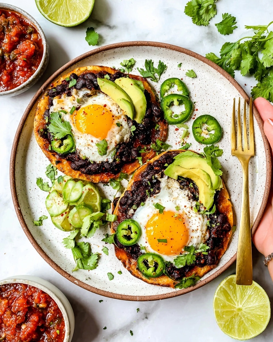 A close-up of a dish on a white plate with a crispy golden tostada base, topped with a layer of black beans sprinkled with white cheese and chopped green herbs. Above the beans sits a fried egg with a bright, runny yellow yolk that is being broken by a gold fork. To the side of the egg, there are fresh green jalapeño slices and creamy light green avocado slices arranged neatly. In the background, a quarter lime wedge and scattered green herbs can be seen on a white marbled surface. photo taken with an iphone --ar 4:5 --v 7