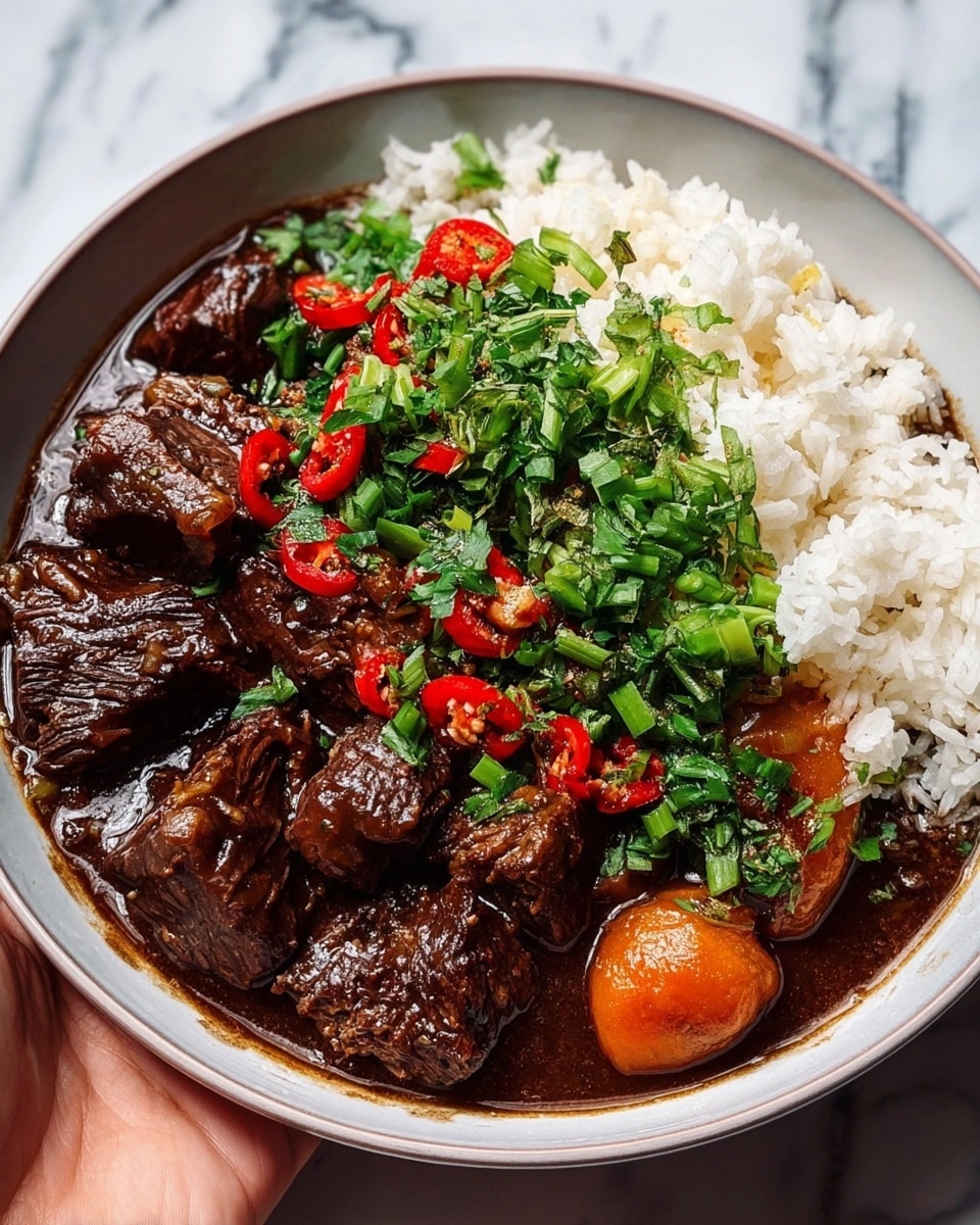A deep white bowl filled with three main layers: at the bottom, a dark brown, glossy stew sauce with tender beef chunks showing visible muscle fiber texture and soft, round orange carrot pieces soaked in the sauce. Above this, a heap of fluffy white rice on one side contrasts with the rich stew. Topping the dish is a fresh garnish of chopped green onions and bright red chili slices scattered over the beef, adding vibrant green and red colors and a fresh texture. The bowl sits on a white marbled surface, and a woman's hand is gently holding the edge of the bowl. photo taken with an iphone --ar 4:5 --v 7