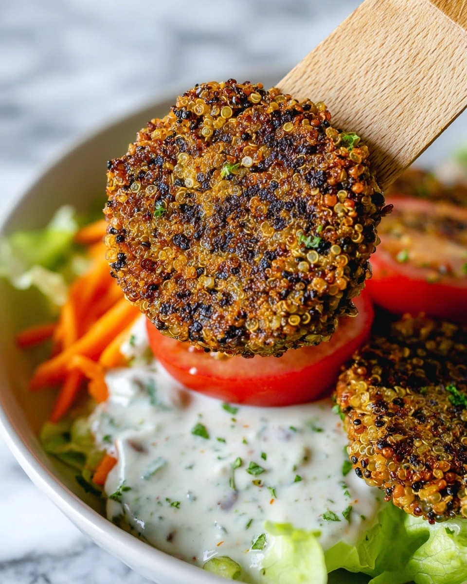 A white plate holds a layered salad dish on a bed of light green and orange shredded lettuce and carrots. On top of the greens, there are three round, dark brown quinoa patties speckled with light bits and chopped herbs. To one side, there are bright red tomato wedges, and beside them is a creamy white sauce mixed with chopped herbs and black pepper. In the center, a small cluster of dark purple olives adds contrasting color. The whole plate rests on a white marbled surface with two yellow lemons and some green parsley nearby. photo taken with an iphone --ar 4:5 --v 7