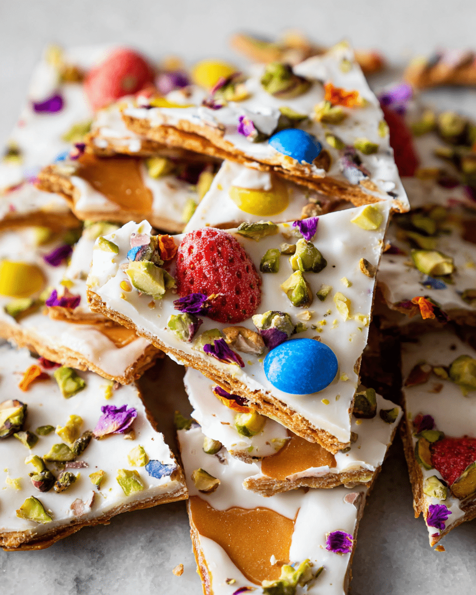 A pile of broken bark pieces on a white marbled surface, each piece showing two main layers: a golden brown crunchy base and a smooth white top layer. The white layer is decorated with various toppings including bright red freeze-dried strawberries, small blue, yellow, and white candy-coated chocolate eggs, and chopped green pistachios scattered across. Some pieces have a shiny caramel layer instead of white. A few small edible purple and orange flower petals add color contrast on the white layer. The texture looks crunchy with a mix of smooth white coating and rough broken edges. photo taken with an iphone --ar 4:5 --v 7
