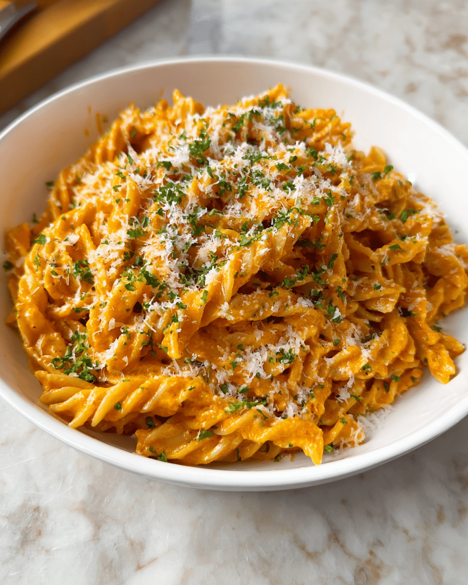 A white bowl filled with a creamy orange pasta, twisted and piled in about three layers. The pasta is covered in a smooth sauce giving it a shiny texture. On top, there is a sprinkle of grated white cheese and small green parsley pieces scattered evenly, adding contrast to the orange pasta. The bowl sits on a table with a white marbled texture. photo taken with an iphone --ar 4:5 --v 7