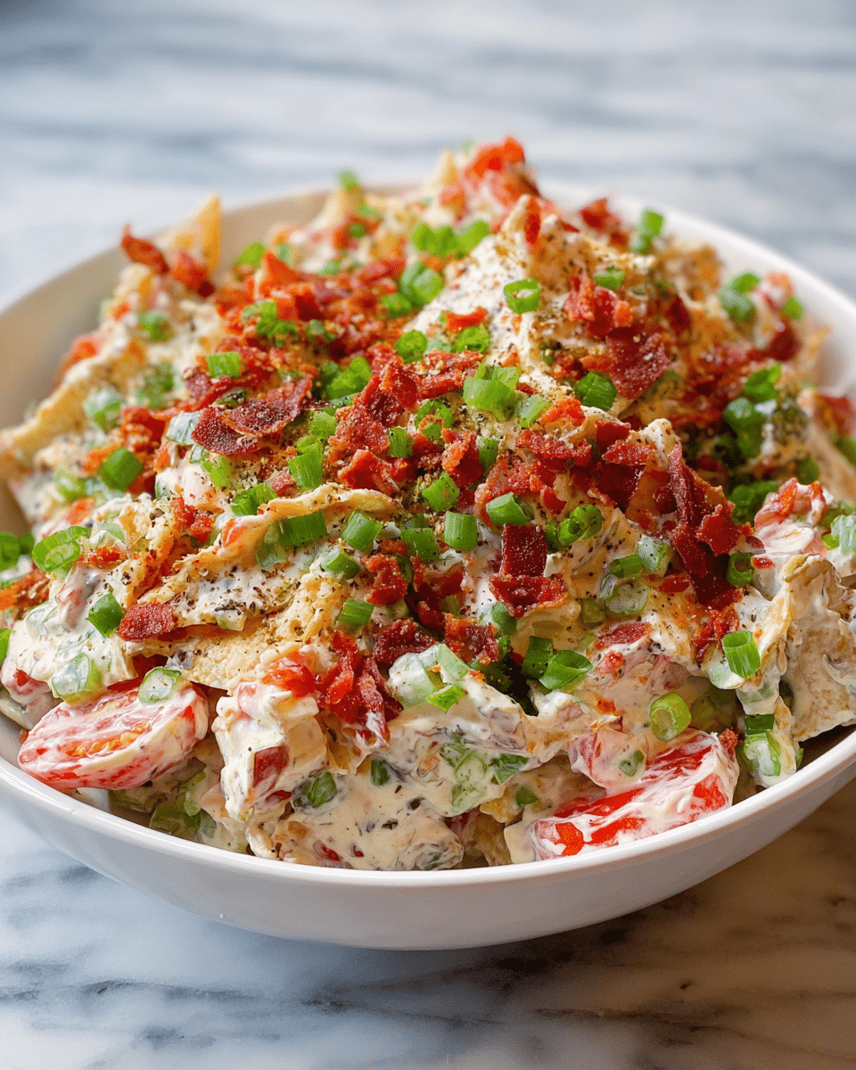 A white bowl filled with a creamy salad made of several layers: the base layer contains crunchy, light beige chips mixed with some small diced green vegetables; on top rests a thick white creamy dressing that coats the chips; scattered red crispy bits and chopped green onion pieces cover the whole salad giving bright red and green spots; there are also slices of red tomato bits mixed within; the salad looks rich and textured with a mix of soft, crunchy, and fresh elements; the bowl is set against a white marbled surface; photo taken with an iphone --ar 4:5 --v 7
