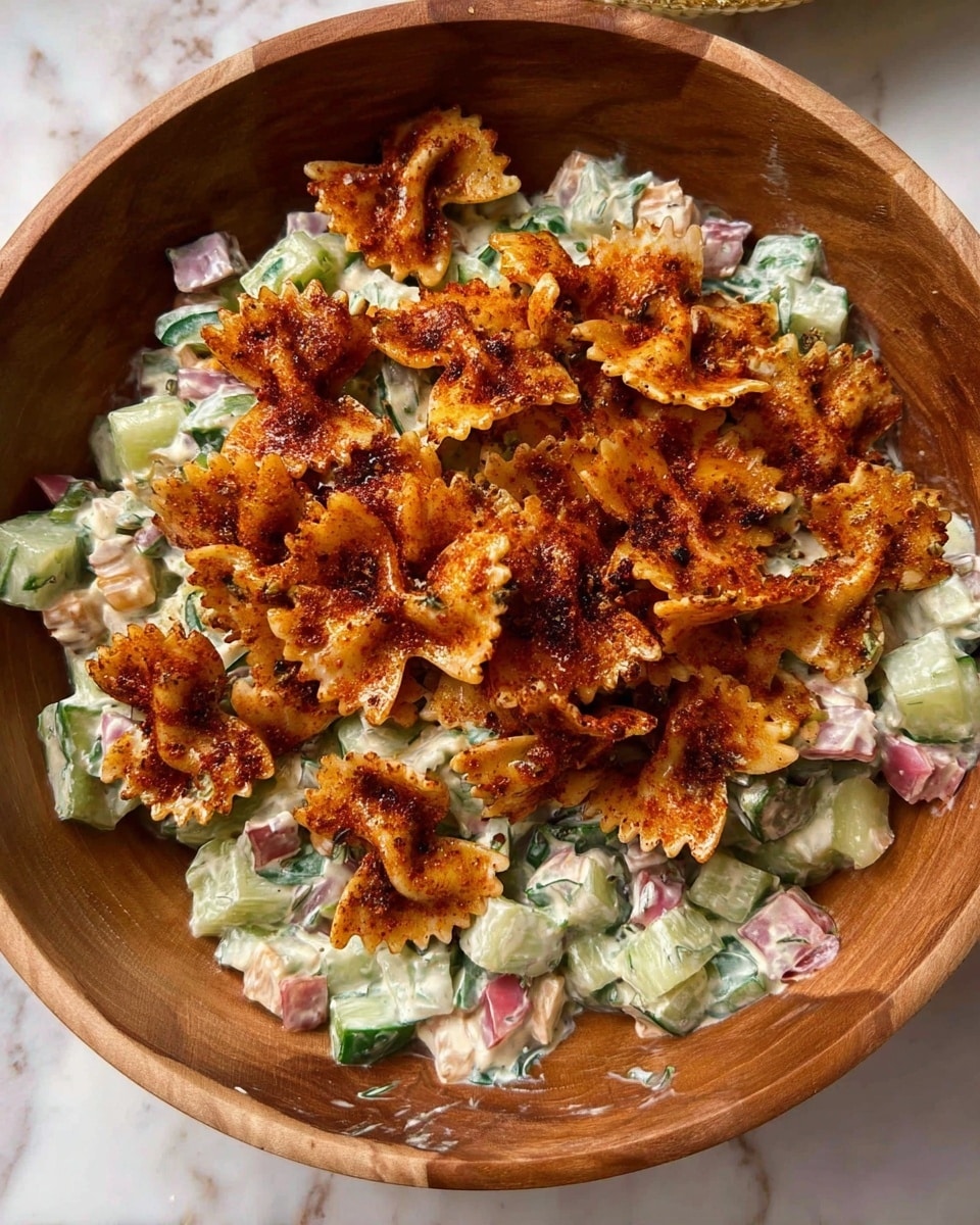 A wooden bowl holds a two-layer dish placed on a white marbled surface. The bottom layer is a creamy salad made of chopped green onions, cucumbers, red onion pieces, and tomatoes, all mixed with a white dressing, showing a fresh, soft texture in pale green, white, and pink colors. On top, a layer of golden brown, crispy farfalle pasta pieces with a browned, slightly oily texture adds crunch and warmth. The pasta pieces have an irregular, curled shape with some visible seasoning. photo taken with an iphone --ar 4:5 --v 7