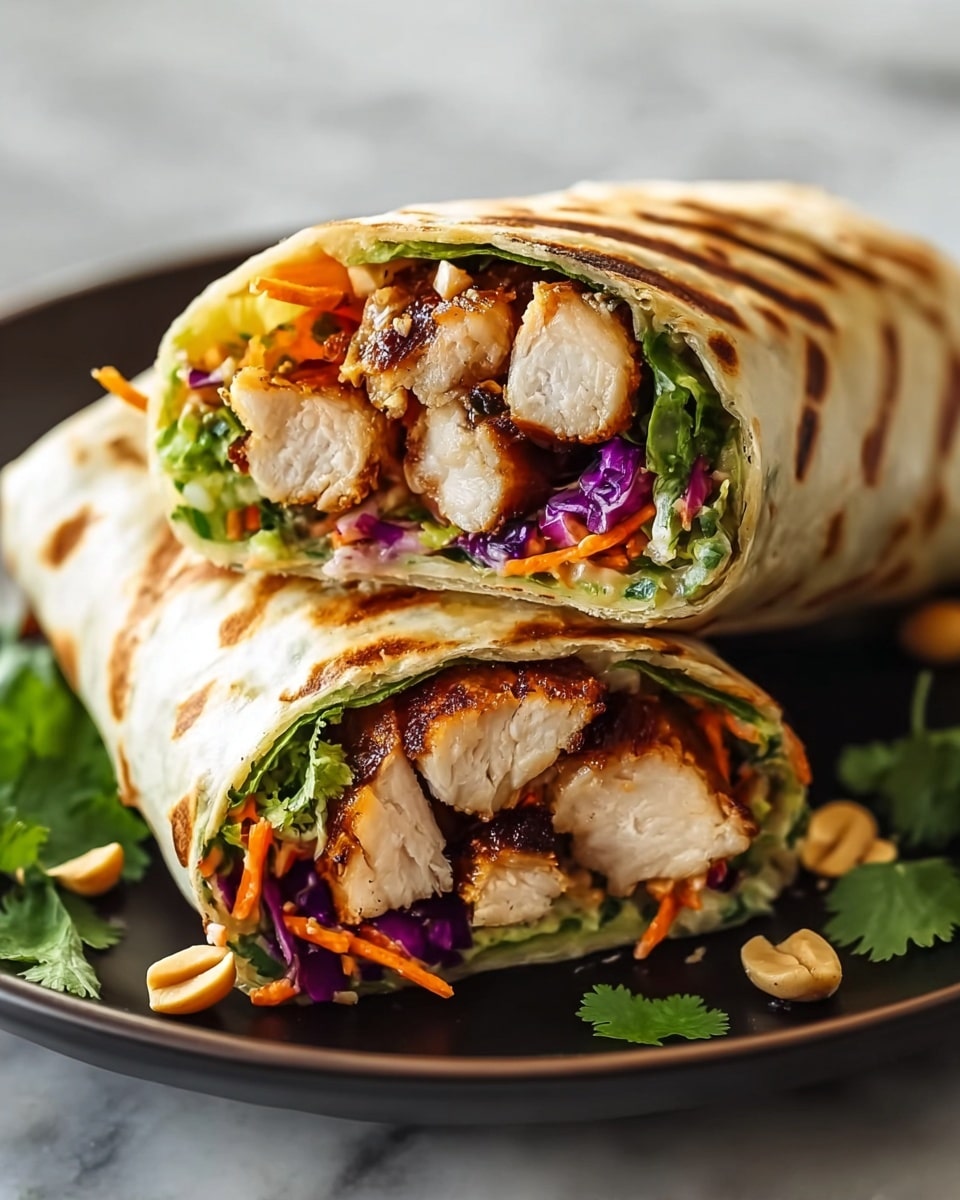 Two grilled chicken wraps are cut in half and stacked on a dark plate, showing three layers of thick, juicy, golden-brown grilled chicken pieces inside each wrap. The wraps have a soft, slightly toasted white tortilla on the outside. Inside, the first layer is green lettuce and chopped fresh cilantro, the second layer has orange carrot strips and purple cabbage shreds, and the third layer includes small pieces of crushed nuts scattered inside and around the wraps. The wraps sit on a white marbled surface with a few pieces of cilantro and crushed nuts around them. photo taken with an iphone --ar 4:5 --v 7