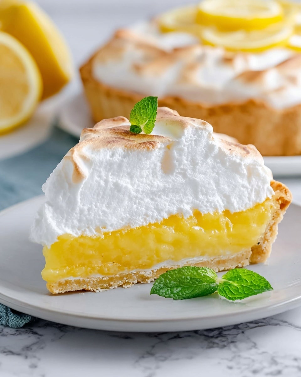 A slice of lemon meringue pie sits on a white plate on a white marbled surface; the pie has three layers: a golden brown crust at the bottom, a thick bright yellow lemon filling in the middle, and fluffy white meringue on top with soft peaks and a lightly toasted texture. A small green mint leaf decorates the top of the meringue, with another mint leaf on the plate nearby. In the background, the whole pie is partially visible with lemon slices on top. Photo taken with an iphone --ar 4:5 --v 7