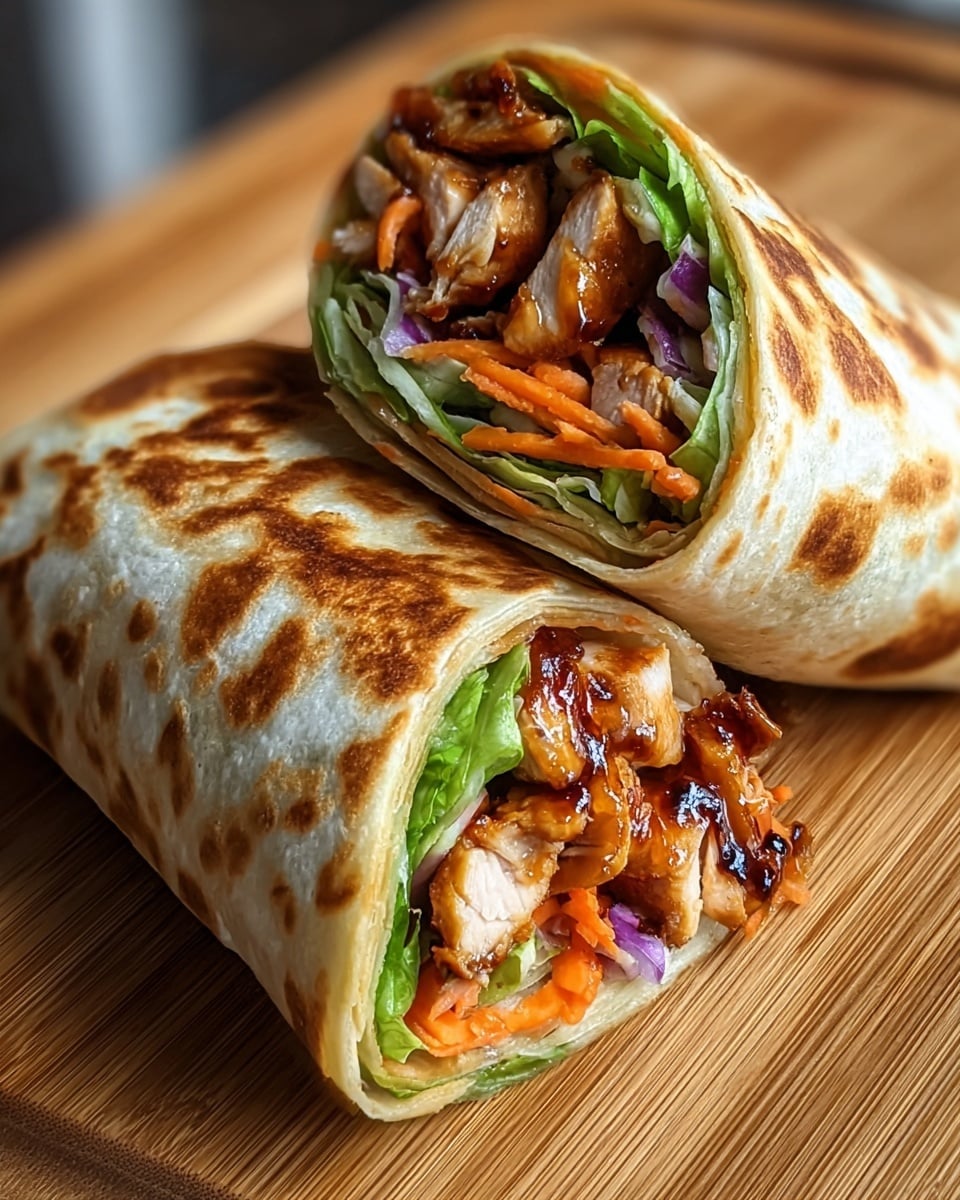 Two grilled wraps sit side by side on a wooden surface, each with a slightly charred, golden-brown tortilla shell showing darker toasted spots. Inside, layers are visible from the open ends, starting with fresh green lettuce leaves closest to the wrap, followed by thin orange carrot strips and small pieces of purple onion, mixed with chunks of glossy, cooked chicken glazed in a rich dark sauce. The wraps are tightly rolled, showing the mixture of textures and colors inside. The background has a soft focus, emphasizing the wraps in the foreground. photo taken with an iphone --ar 4:5 --v 7