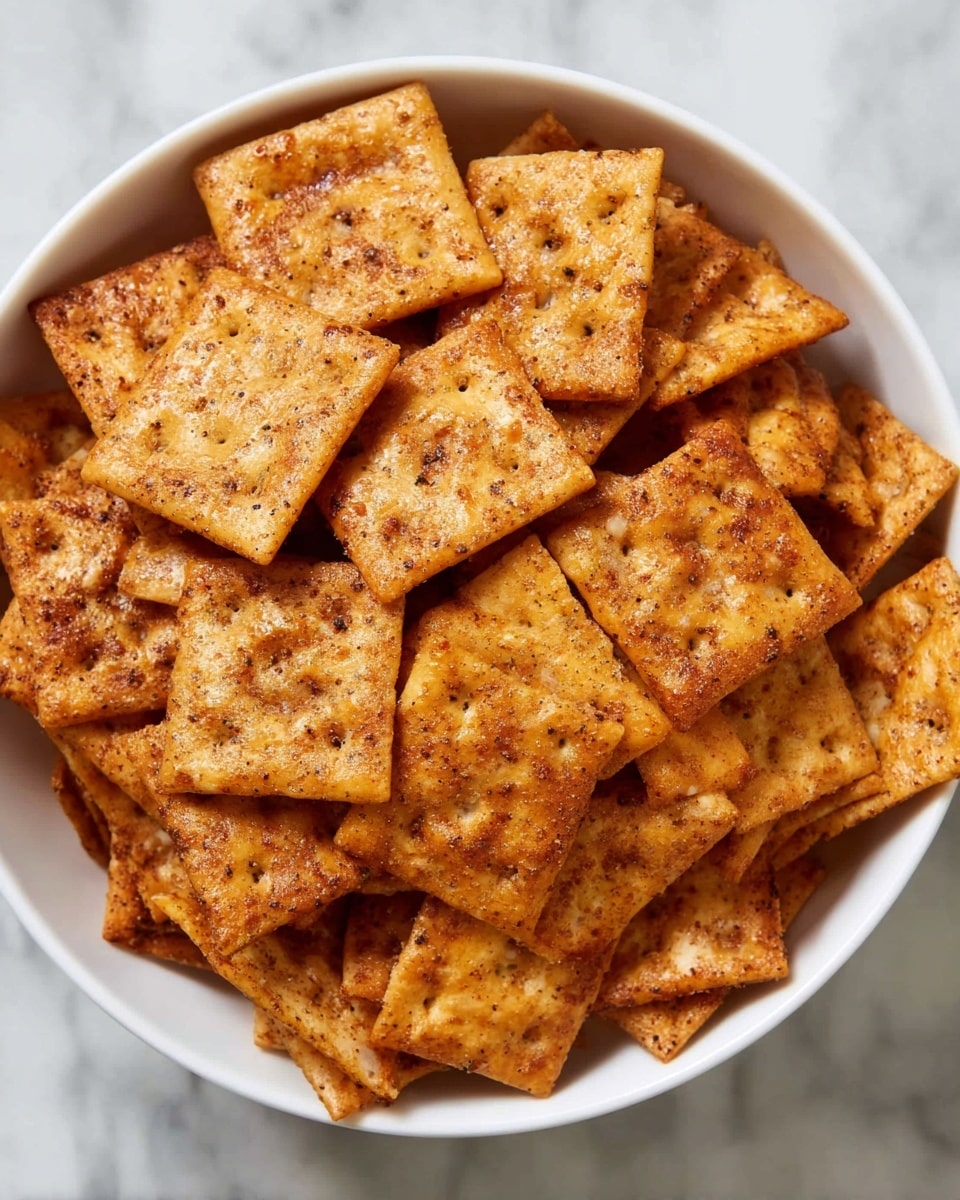 A white bowl filled with many square crackers, each cracker coated evenly with a reddish-brown seasoning mix showing specks of darker spices; the crackers overlap and fill the bowl almost to the top, their rough texture and seasoned surfaces visible in detail against the smooth white of the bowl, all set on a white marbled surface. photo taken with an iphone --ar 4:5 --v 7