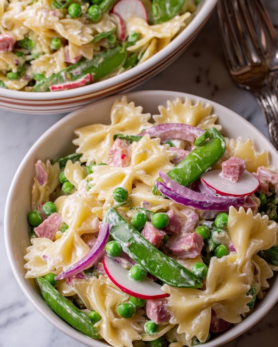 A close-up of a white bowl filled with a creamy pasta salad showing three main layers: light yellow bowtie pasta with a smooth texture on the bottom, bright green peas and edamame beans in the middle adding a fresh, round texture, and thin strips of purple-red onion scattered on top along with small cubes of pink ham. The salad appears coated in a creamy, white dressing that makes the ingredients glisten. In the background, blurred vegetables and a glass dish with more pasta salad sit on a white marbled surface. Photo taken with an iphone --ar 4:5 --v 7