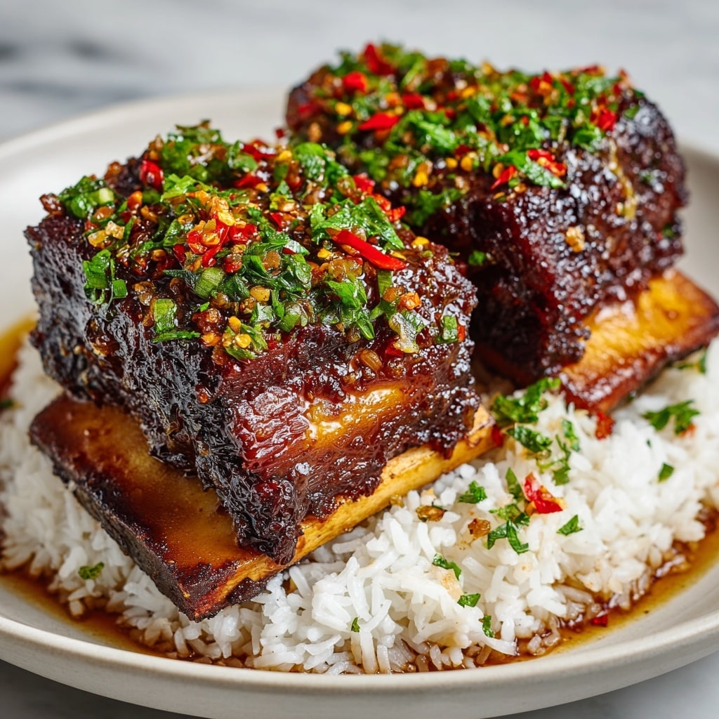 The image shows two large pieces of richly glazed, dark brown braised beef ribs with a shiny texture, sitting on a bed of white rice. Each piece has visible layers of tender meat with a thick, caramelized crust on top, sprinkled with finely chopped fresh green herbs and red chili flakes. The ribs rest on a bone with a slightly charred edge. The whole dish is placed on a white plate on a white marbled surface. photo taken with an iphone --ar 4:5 --v 7