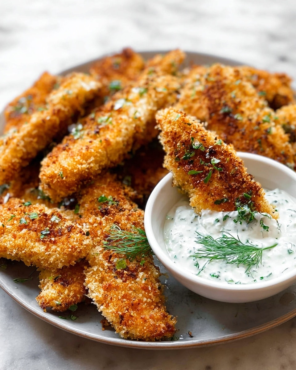 Four pieces of golden brown crispy chicken tenders coated in a crunchy crumb mix are arranged on white parchment paper inside a round white plate. The chicken has a rough texture with a sprinkling of fresh green herbs on top. To the right of the plate, a white bowl filled with creamy white dipping sauce topped with cracked black pepper is partly visible. A small wedge of yellow lemon sits near the bowl on the white marbled surface background. photo taken with an iphone --ar 4:5 --v 7