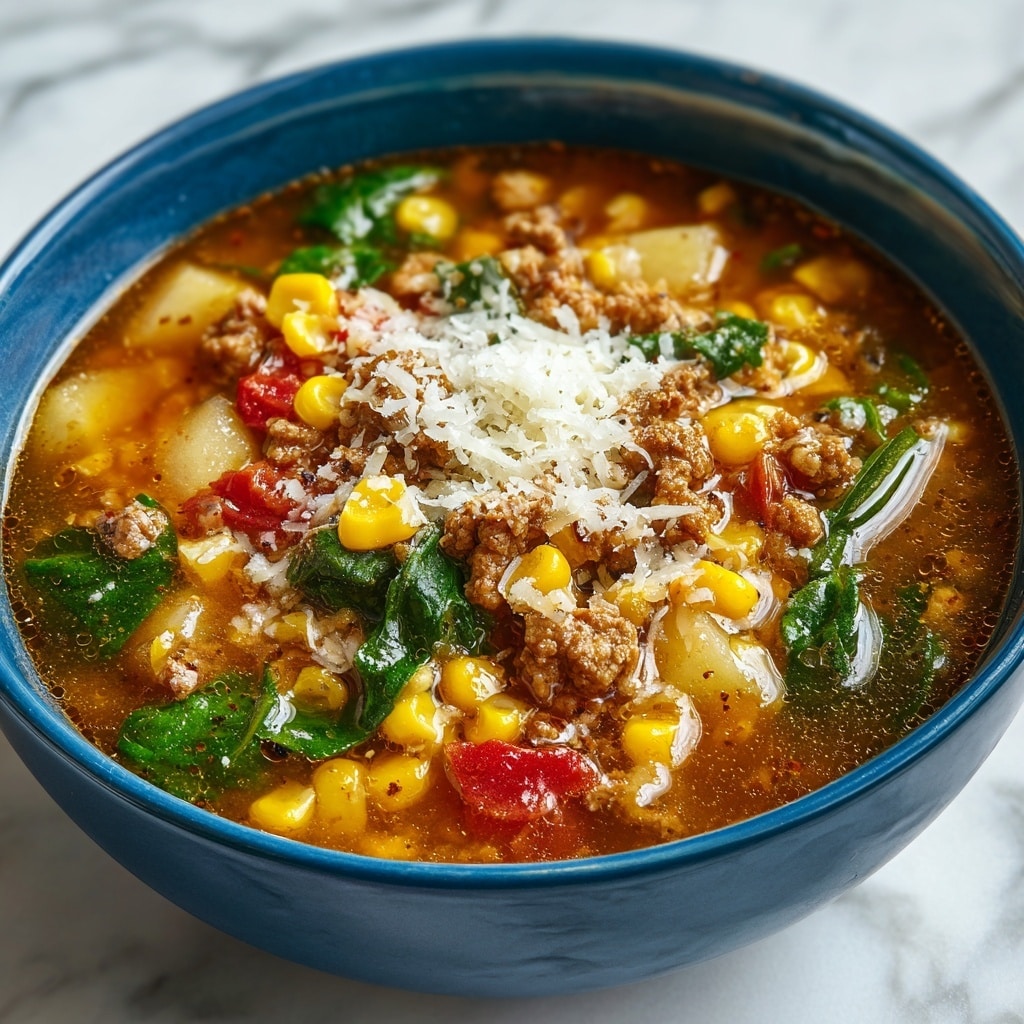 A blue bowl filled with a hearty soup sits on a white marbled surface, showing layers of rich brown broth at the base with medium-sized beige potato chunks, bright yellow corn kernels scattered throughout, and vibrant green spinach leaves adding color. On top are crumbled browned ground meat pieces, mixed with diced red tomatoes and translucent onion pieces, all slightly submerged in the warm broth. A small sprinkle of white shredded cheese is placed centrally on the surface, melting slightly into the soup. photo taken with an iphone --ar 4:5 --v 7