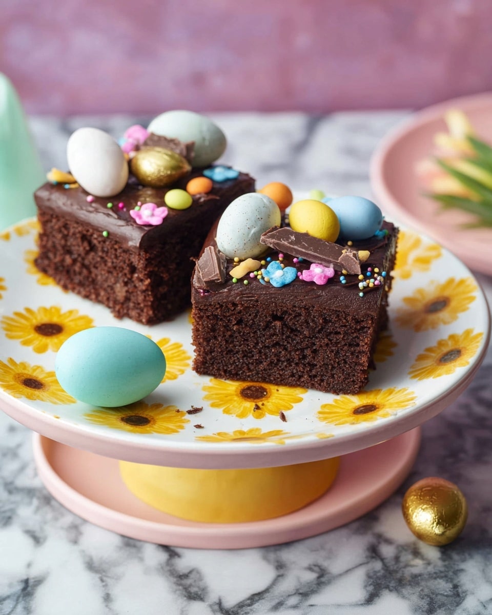 The image shows nine square pieces of rich, dark chocolate brownies arranged closely on a white marbled surface. Each brownie is topped with colorful candy decorations, including whole and halved speckled mini chocolate eggs in pastel colors like light blue, green, yellow, white, and pink. Scattered around the eggs are small round candy balls in multiple bright colors such as blue, red, green, and purple. There are also thin rainbow sprinkles and small star-shaped candies spread all over. On top of some brownies, there are pink candy flowers with yellow centers and green candy leaves adding vibrant detail. The brownies look moist and dense, with the toppings creating a lively and festive appearance. Photo taken with an iphone --ar 4:5 --v 7