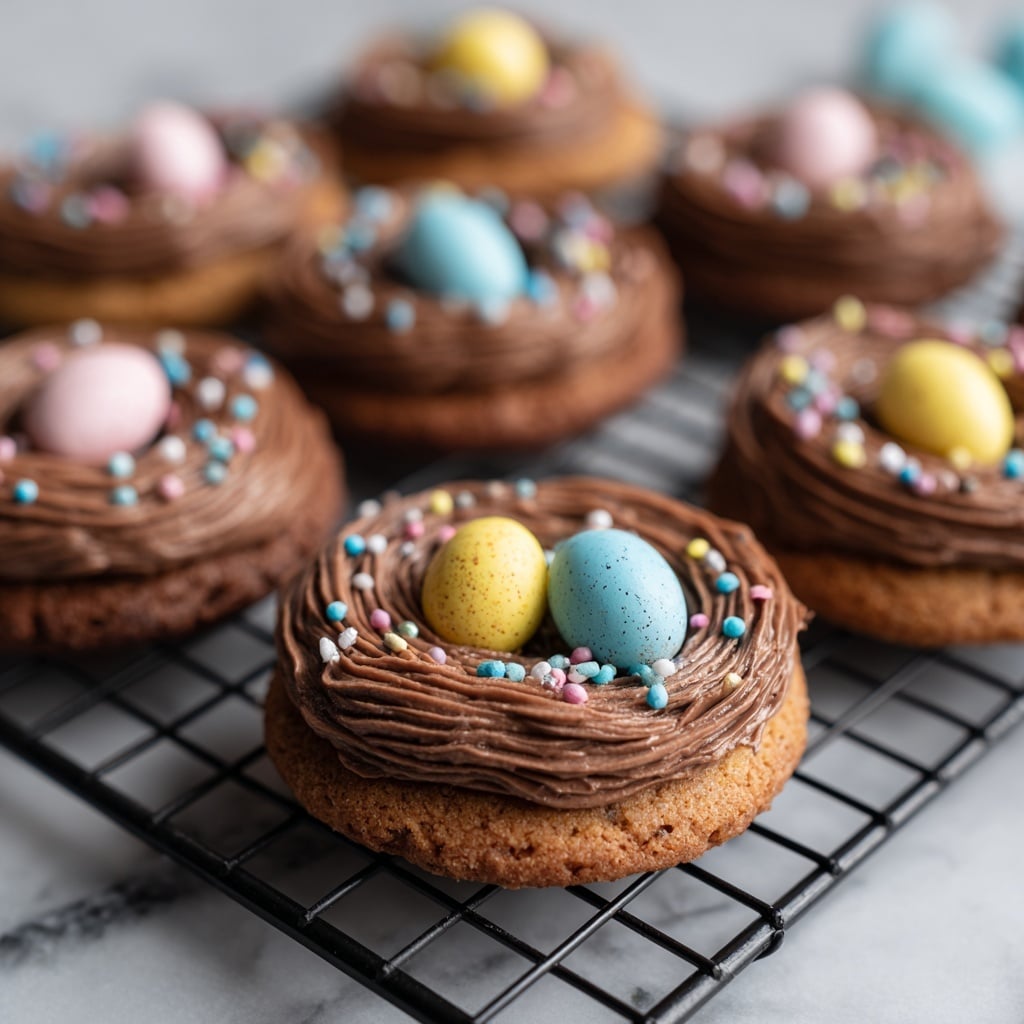 The image shows several brown cookies on a black cooling rack and on white plates with tiny eggs on a white marbled surface. Each cookie has a round base layer of cookie dough topped with a thick, smooth layer of chocolate frosting piped in a circular nest pattern. Inside each nest are three small eggs in pastel colors of blue, pink, and yellow, with some cookies decorated with small, round pastel-colored sprinkles scattered on the chocolate frosting. The overall look is neat and festive, with a close-up view highlighting the texture of the frosting and the speckled eggs. photo taken with an iphone --ar 4:5 --v 7
