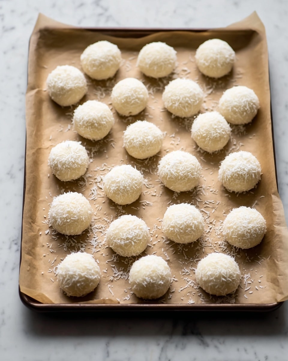 The image shows 21 round white dough balls, each covered with a light sprinkling of shredded coconut, arranged neatly on a sheet of brown parchment paper that lines a baking tray. The dough balls have a smooth, slightly textured surface and are spaced evenly apart in rows and columns, filling most of the tray. The tray sits on a white marbled surface, adding a clean, bright background to the scene. Soft natural light highlights the fine texture of the dough and coconut flakes, creating gentle shadows around each ball. photo taken with an iphone --ar 4:5 --v 7