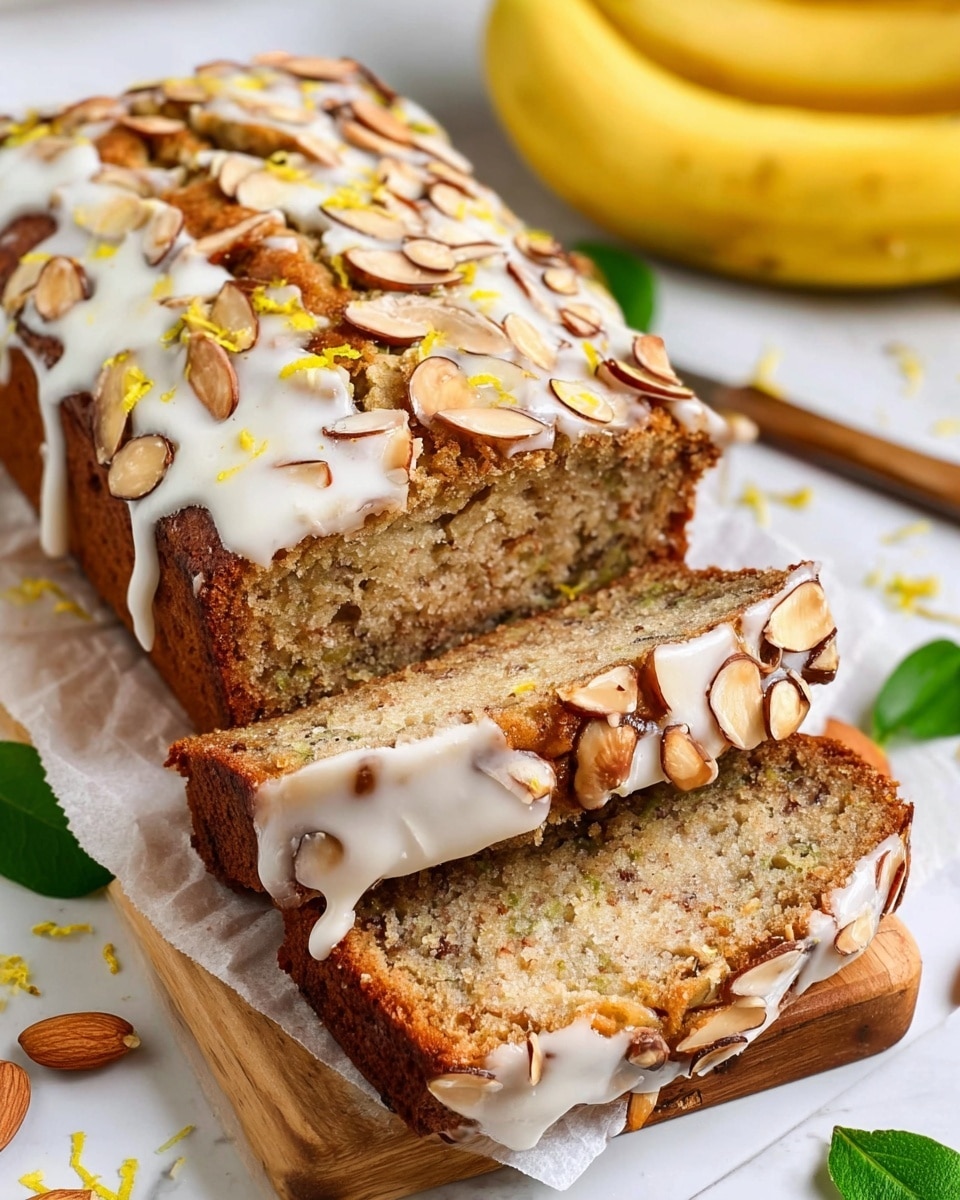 A loaf of banana bread with two thick slices cut from the front lies on a white cutting board on a white marbled surface. The bread has a warm golden brown crust and a moist, dense interior dotted with small bits. The top is decorated with toasted almond slices and drizzled with white icing in an irregular pattern. Some icing has dripped onto the cutting board. Around the bread are scattered almond slices, a few green leaves, and two whole bananas. Photo taken with an iphone --ar 4:5 --v 7